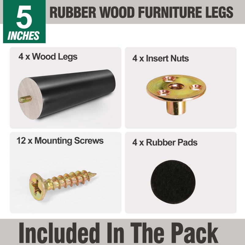 FoDau770 Black Rubber Wood Furniture Legs 5 Inches, Straight Tapered Wood Feet Mid Century Sofa Legs Set of 4, 5/16"" UNC Furniture Feet Replacement Parts for Cabinet Couch Dresser Chair Ottoman Table - Image 2